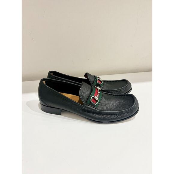 Gucci Horsebit Web Trim Slip On Block Heel Leather Loafer Shoes Black Men's 10.5 - Picture 4 of 7